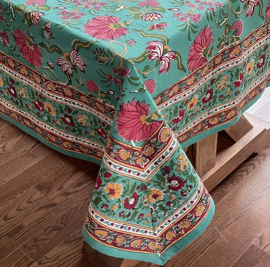 Teal Block Print Tablecloth